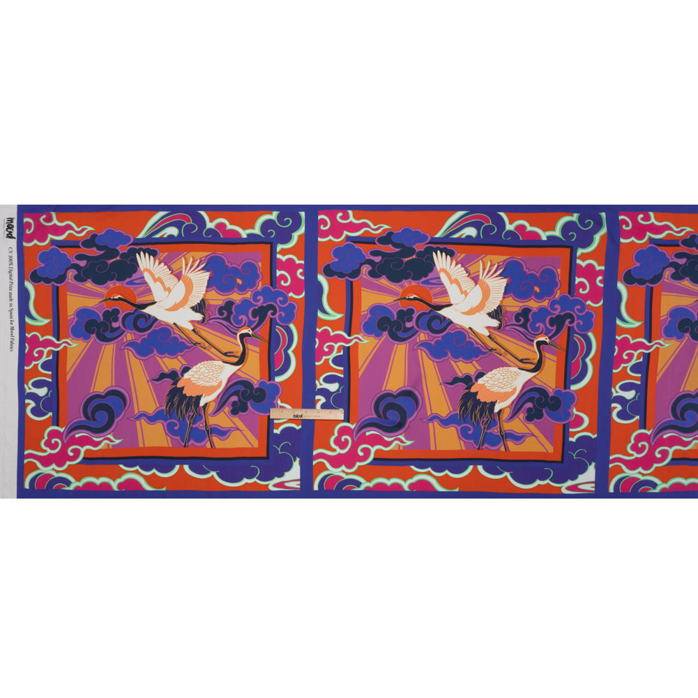 Rayon Challis Panel - Blue and Orange Cranes and Clouds - Sunrise Flight Print - Mood Exclusive Chariot Collection - Full