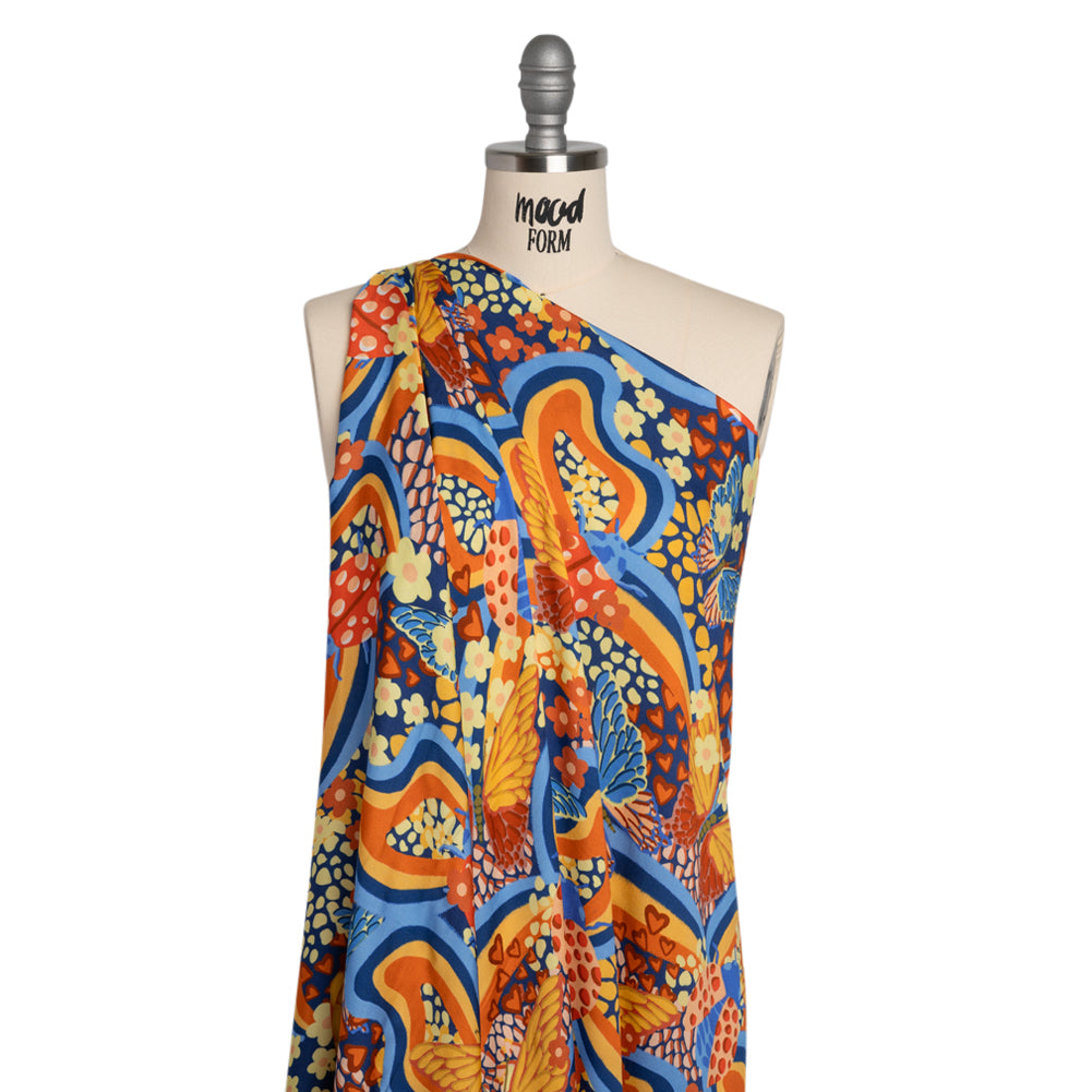 Rayon Challis - Orange and Blue Butterflies and Doodles - Sunbeam Garden Print - Mood Exclusive Chariot Collection Detail