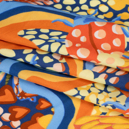 Rayon Challis - Orange and Blue Butterflies and Doodles - Sunbeam Garden Print - Mood Exclusive Chariot Collection Full