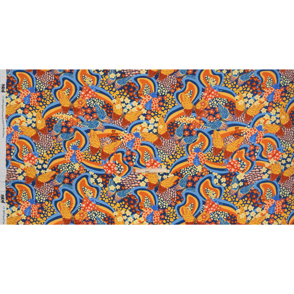 Rayon Challis - Orange and Blue Butterflies and Doodles - Sunbeam Garden Print - Mood Exclusive Chariot Collection Drape