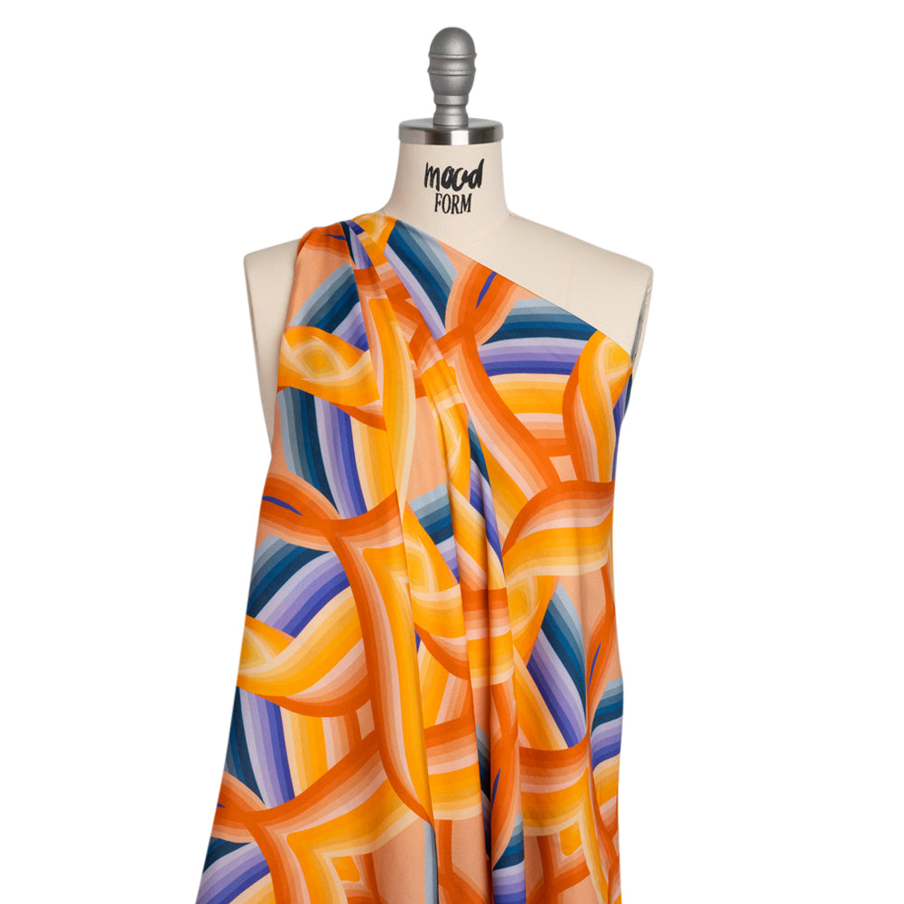Rayon Challis - Orange, Blue and Purple Abstract Lines - Iris's Message Print - Mood Exclusive Chariot Collection - Drape