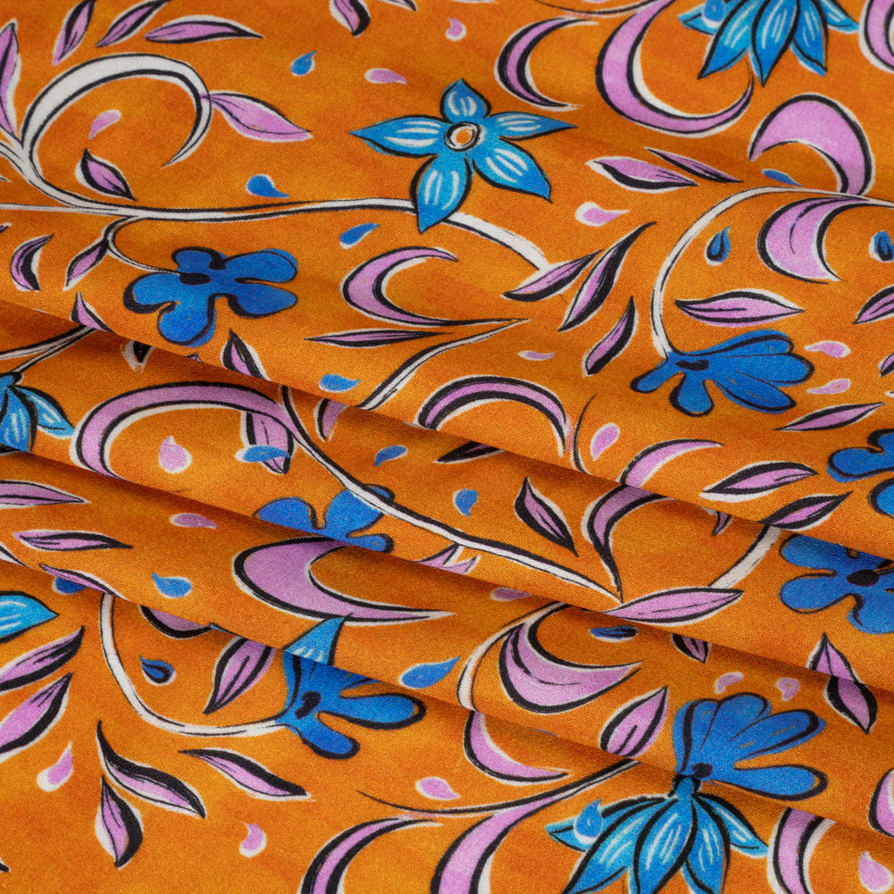 Rayon Challis - Orange and Blue Floral - Apollo's Laurel Print - Mood Exclusive Chariot Collection - Folded