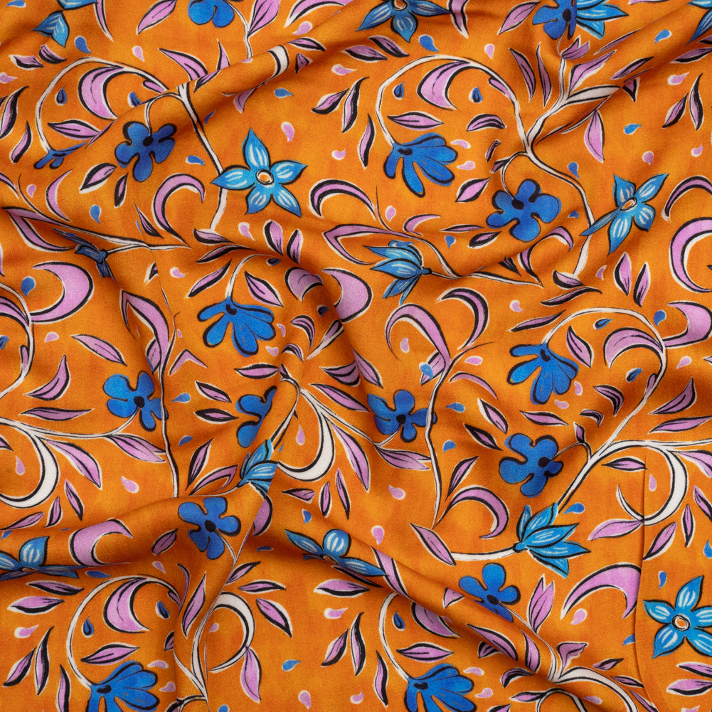 Rayon Challis - Orange and Blue Floral - Apollo's Laurel Print - Mood Exclusive Chariot Collection