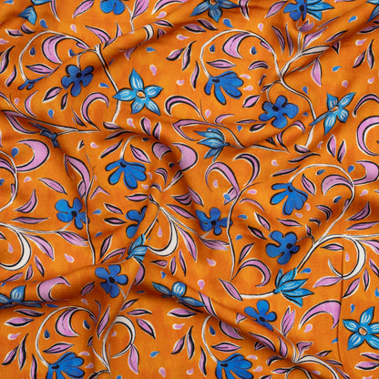 Rayon Challis - Orange and Blue Floral - Apollo's Laurel Print - Mood Exclusive Chariot Collection