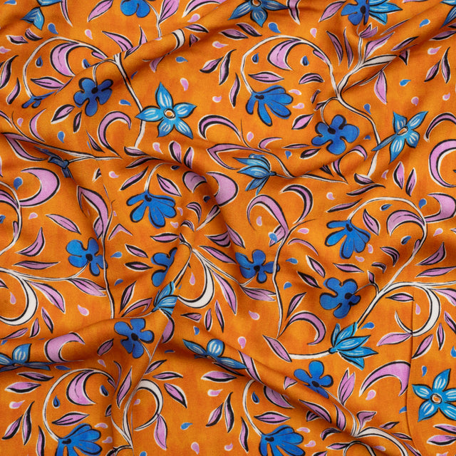 Rayon Challis - Orange and Blue Floral - Apollo's Laurel Print - Mood Exclusive Chariot Collection