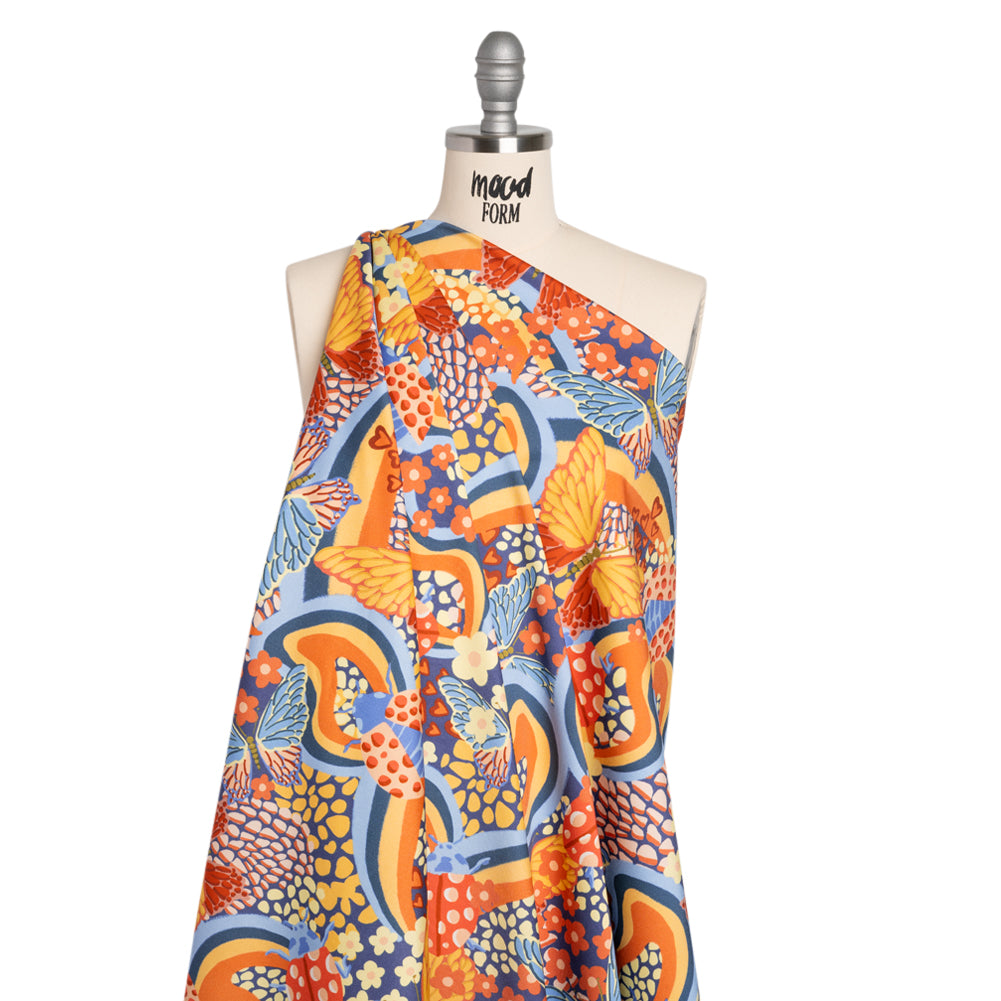 Stretch Cotton Sateen - Orange and Blue Butterflies and Doodles - Sunbeam Garden Print - Mood Exclusive Chariot Collection - Drape