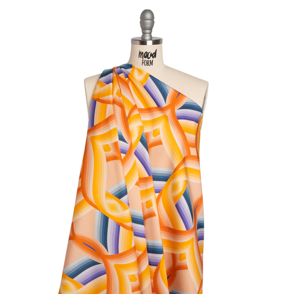 Stretch Cotton Sateen - Orange, Blue and Purple Abstract Lines - Iris's Message Print - Mood Exclusive Chariot Collection - Drape