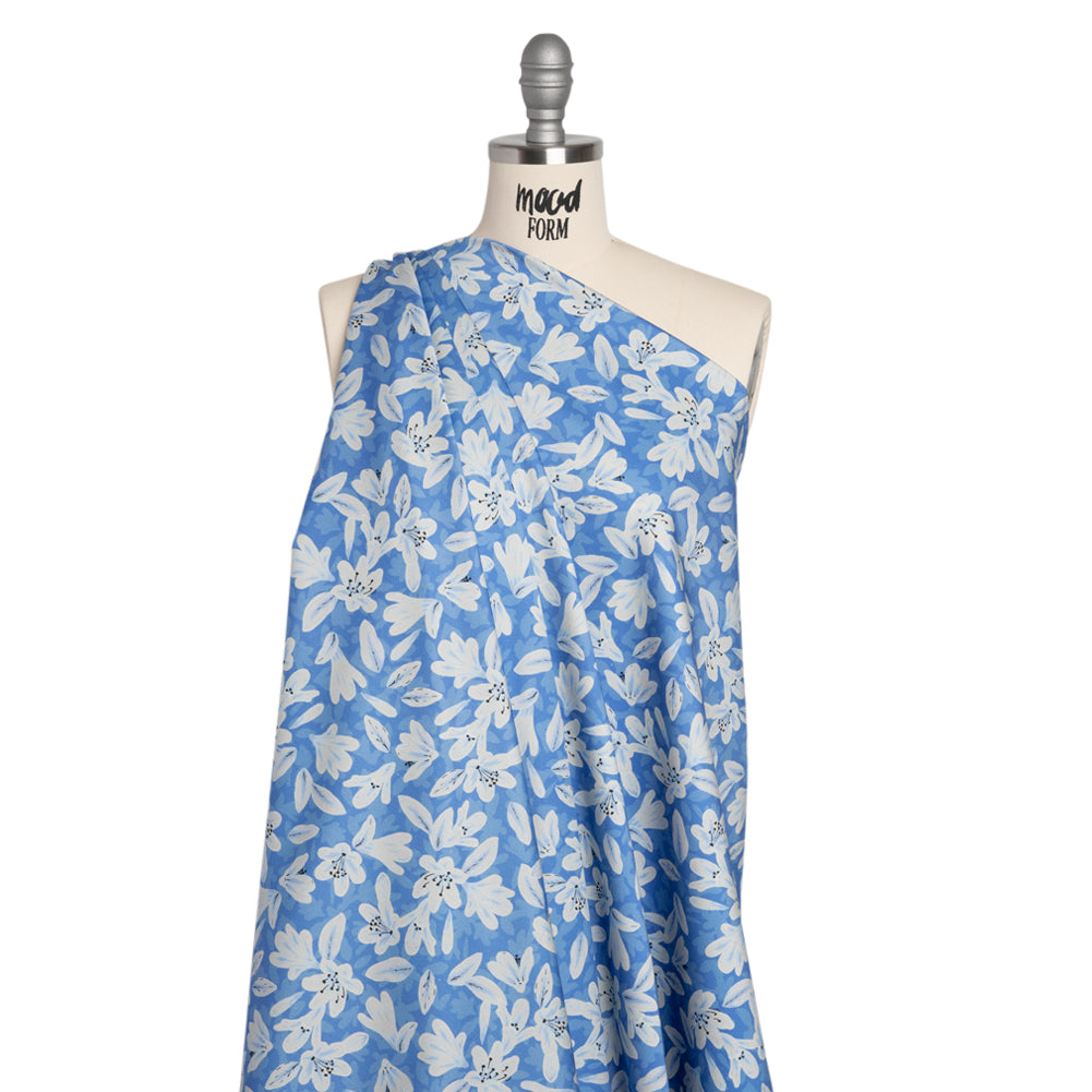 Stretch Cotton Sateen - Blue Floral - Daybreak Bloom Print - Mood Exclusive Chariot Collection - Drape