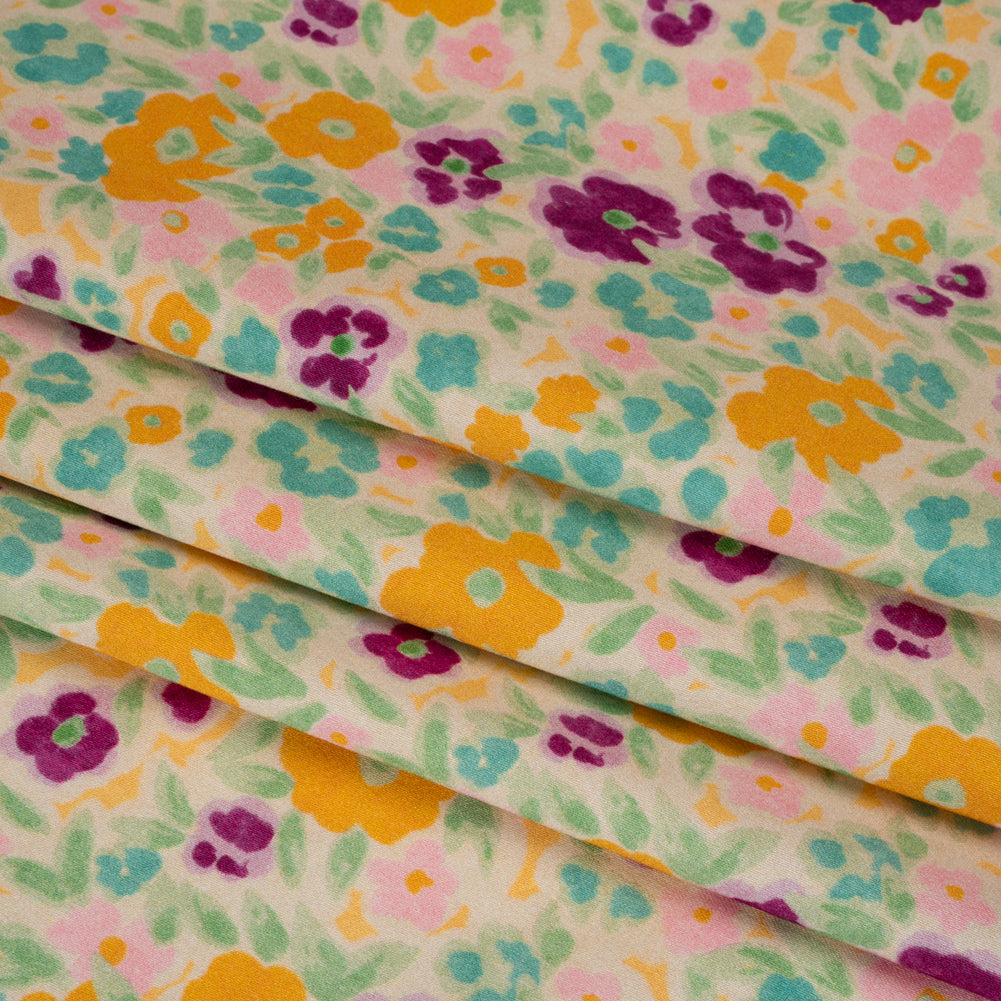 Stretch Cotton Sateen - Yellow and Plum Floral - Midsummer Meadow Print - Mood Exclusive Chariot Collection - Folded