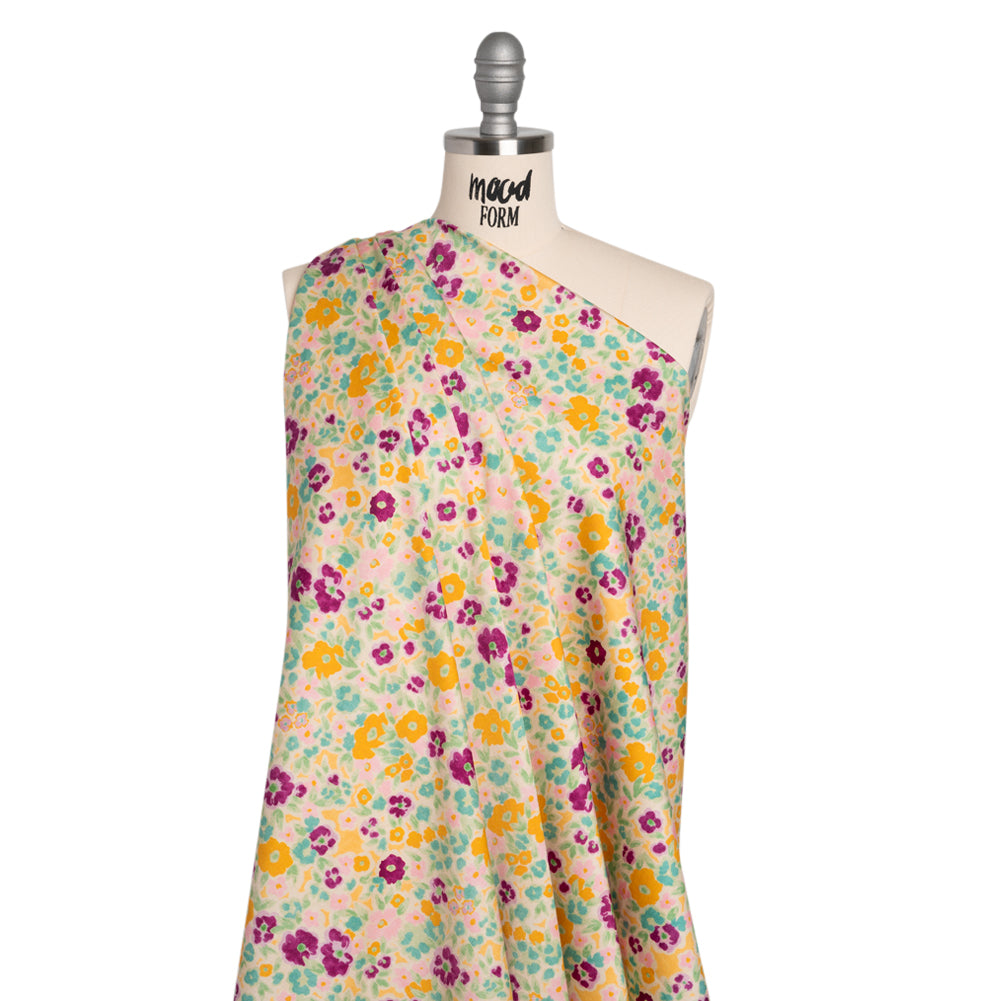 Stretch Cotton Sateen - Yellow and Plum Floral - Midsummer Meadow Print - Mood Exclusive Chariot Collection - Drape
