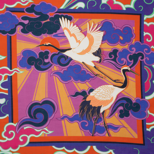 Cotton Voile Panel - Purple and Orange Cranes and Clouds - Sunrise Flight Print - Mood Exclusive Chariot Collection