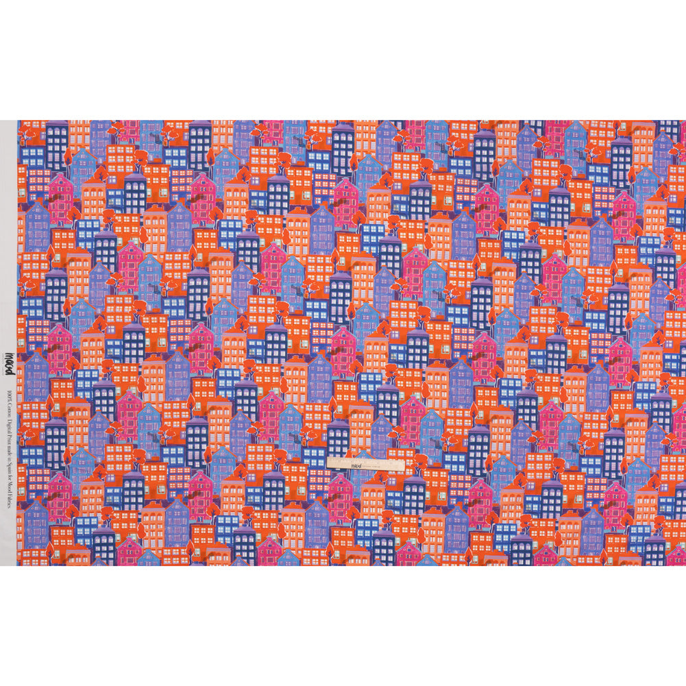 Cotton Voile - Purple, Orange and Blue Houses - Sunlit City Print - Mood Exclusive Chariot Collection