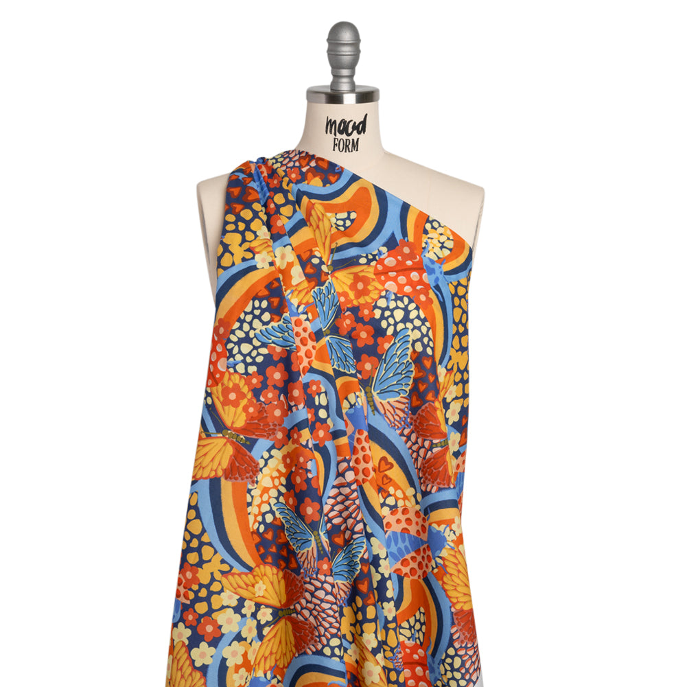 Cotton Voile - Orange and Blue Butterflies and Doodles - Sunbeam Garden Print - Mood Exclusive Chariot Collection - Drape