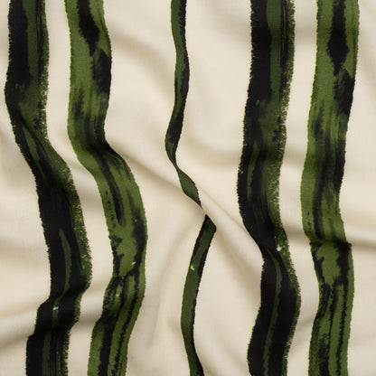 Rayon Challis - Cream and Green Painted Stripes - Verdant Trail Print - Mood Exclusive Acadia Collection