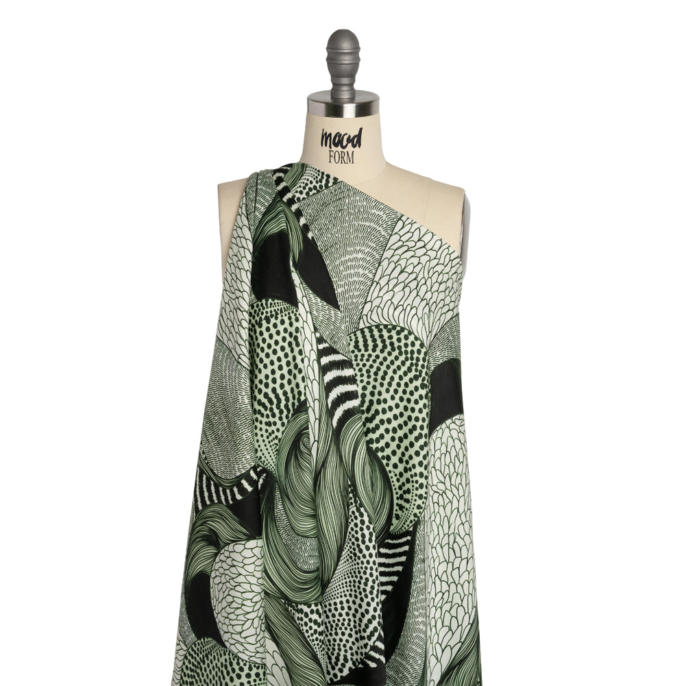 Rayon Challis - Dark Green and White Doodled Patterns - Forest Fantasy Print - Mood Exclusive Acadia Collection - Drape