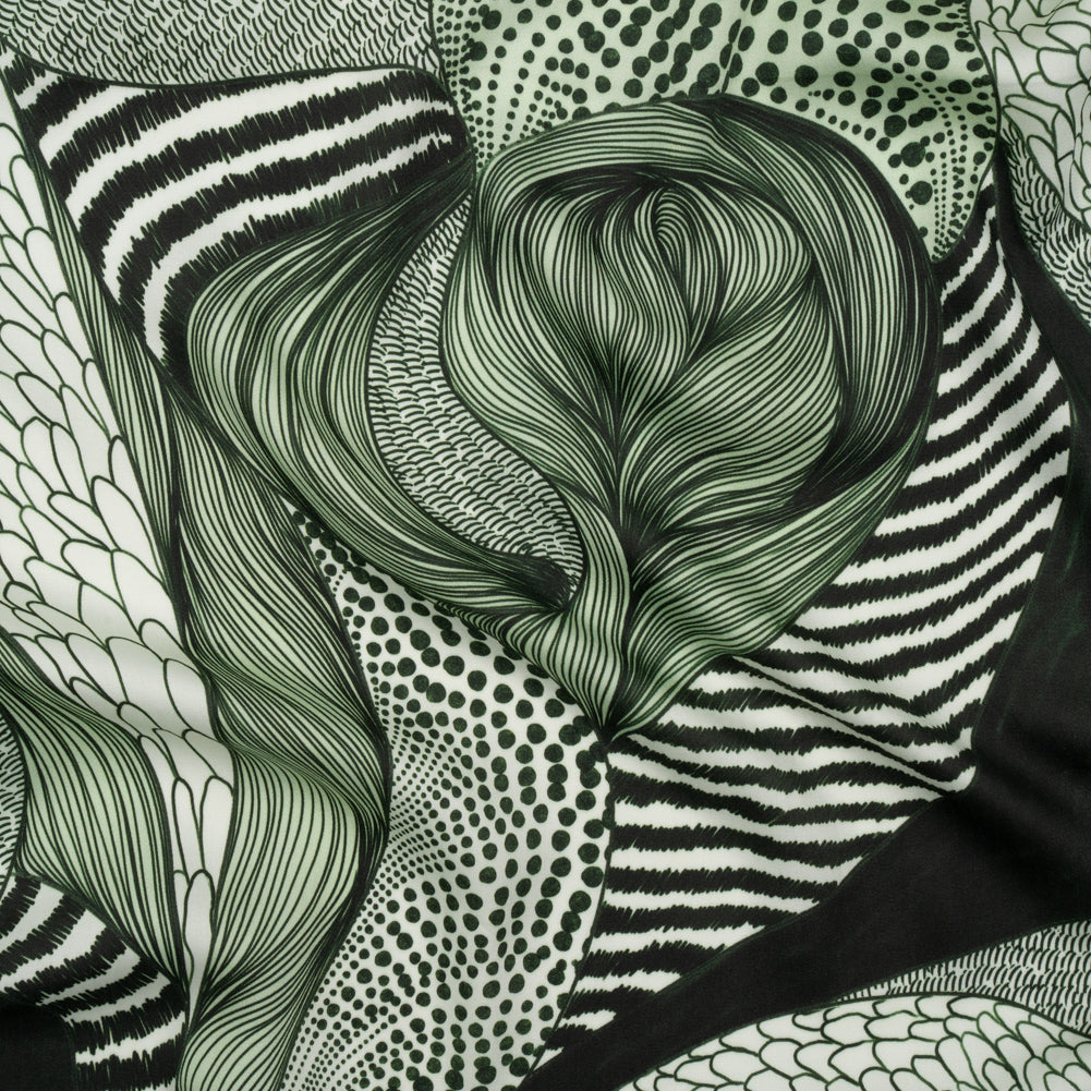 Rayon Challis - Dark Green and White Doodled Patterns - Forest Fantasy Print - Mood Exclusive Acadia Collection