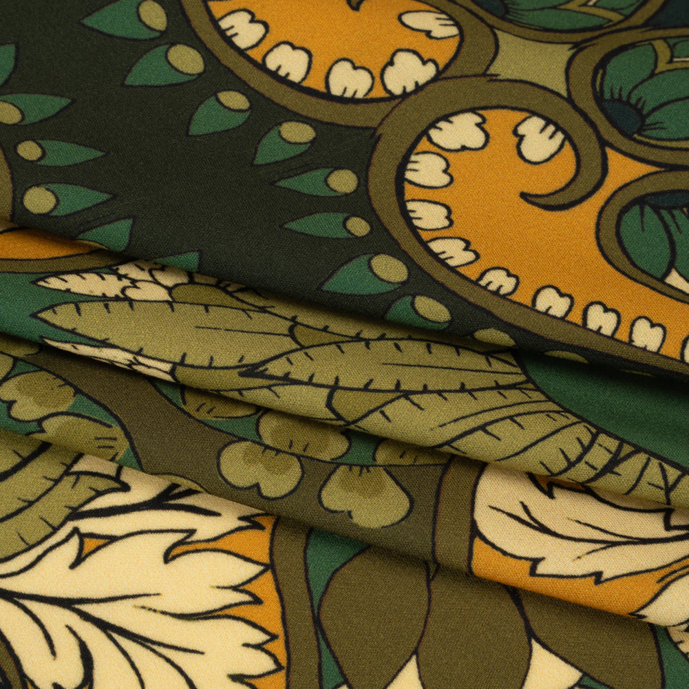 Rayon Challis - Olive Green, Teal and Mango Orange Wavy Floral Stripes - Nymph’s Harvest Print - Mood Exclusive Acadia Collection - Folded
