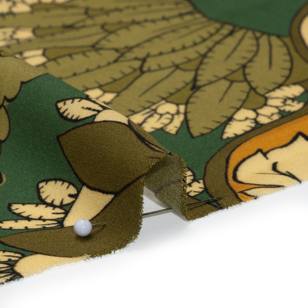 Rayon Challis - Olive Green, Teal and Mango Orange Wavy Floral Stripes - Nymph’s Harvest Print - Mood Exclusive Acadia Collection - Detail