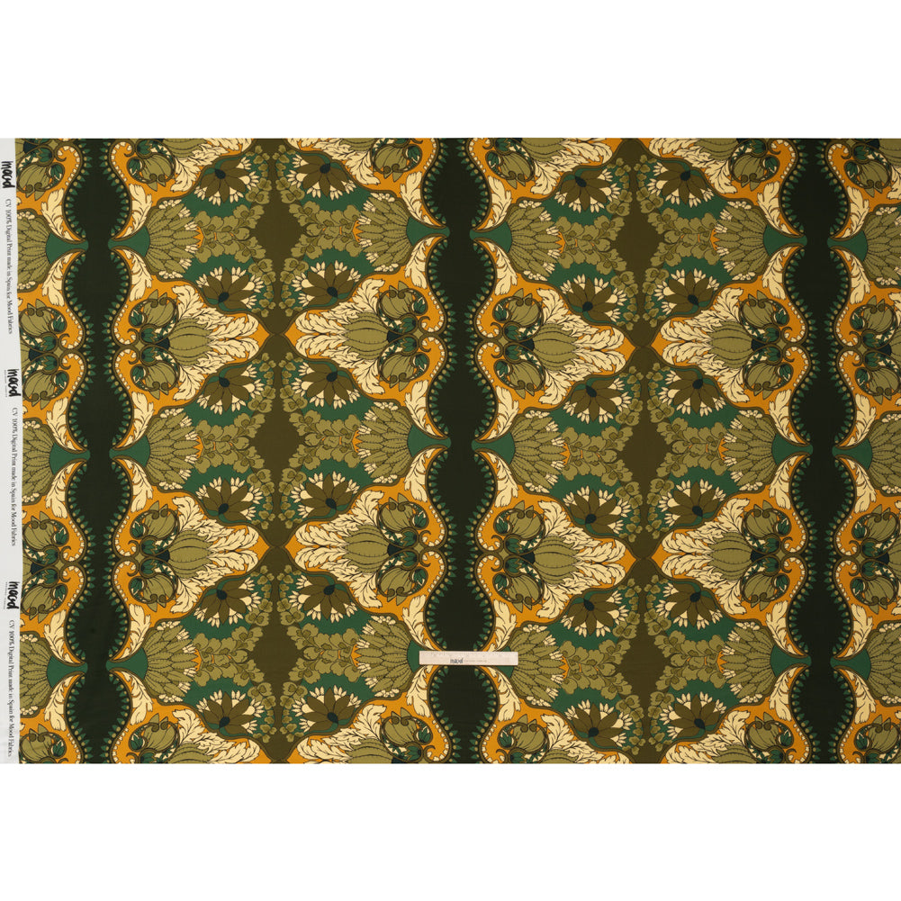 Rayon Challis - Olive Green, Teal and Mango Orange Wavy Floral Stripes - Nymph’s Harvest Print - Mood Exclusive Acadia Collection - Full