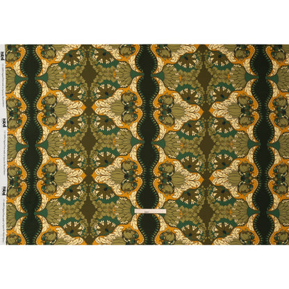 Rayon Challis - Olive Green, Teal and Mango Orange Wavy Floral Stripes - Nymph’s Harvest Print - Mood Exclusive Acadia Collection