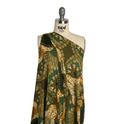 Rayon Challis - Olive Green, Teal and Mango Orange Wavy Floral Stripes - Nymph’s Harvest Print - Mood Exclusive Acadia Collection