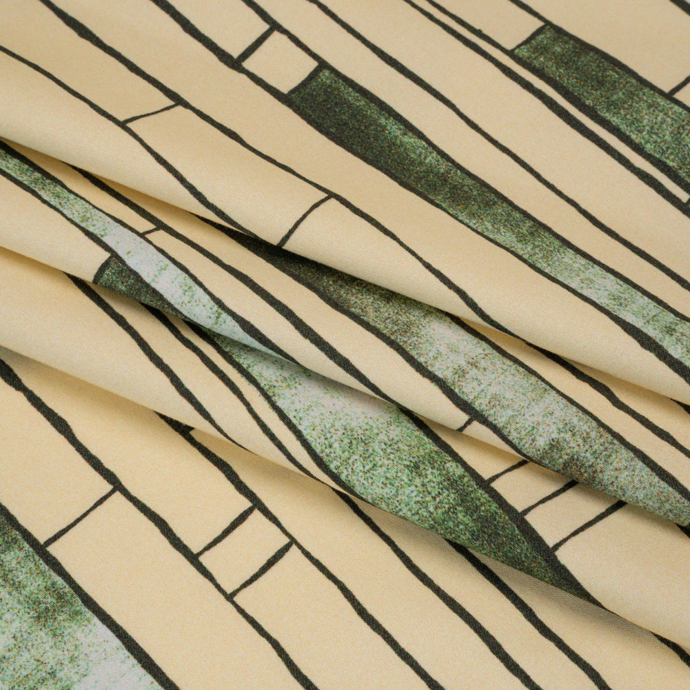Stretch Cotton Sateen - Green and Cream Geometric Blocks - Cliffside Climb Print - Mood Exclusive Acadia Collection - Folded