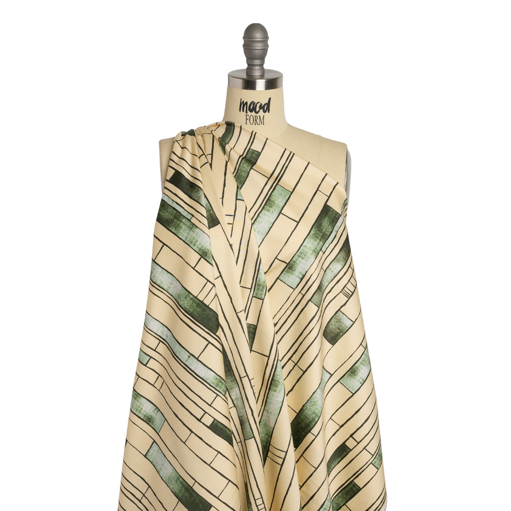 Stretch Cotton Sateen - Green and Cream Geometric Blocks - Cliffside Climb Print - Mood Exclusive Acadia Collection - Drape