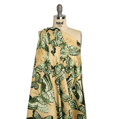 Stretch Cotton Sateen - Green and Cream Butterflies - Monarch Mountain Print - Mood Exclusive Acadia Collection