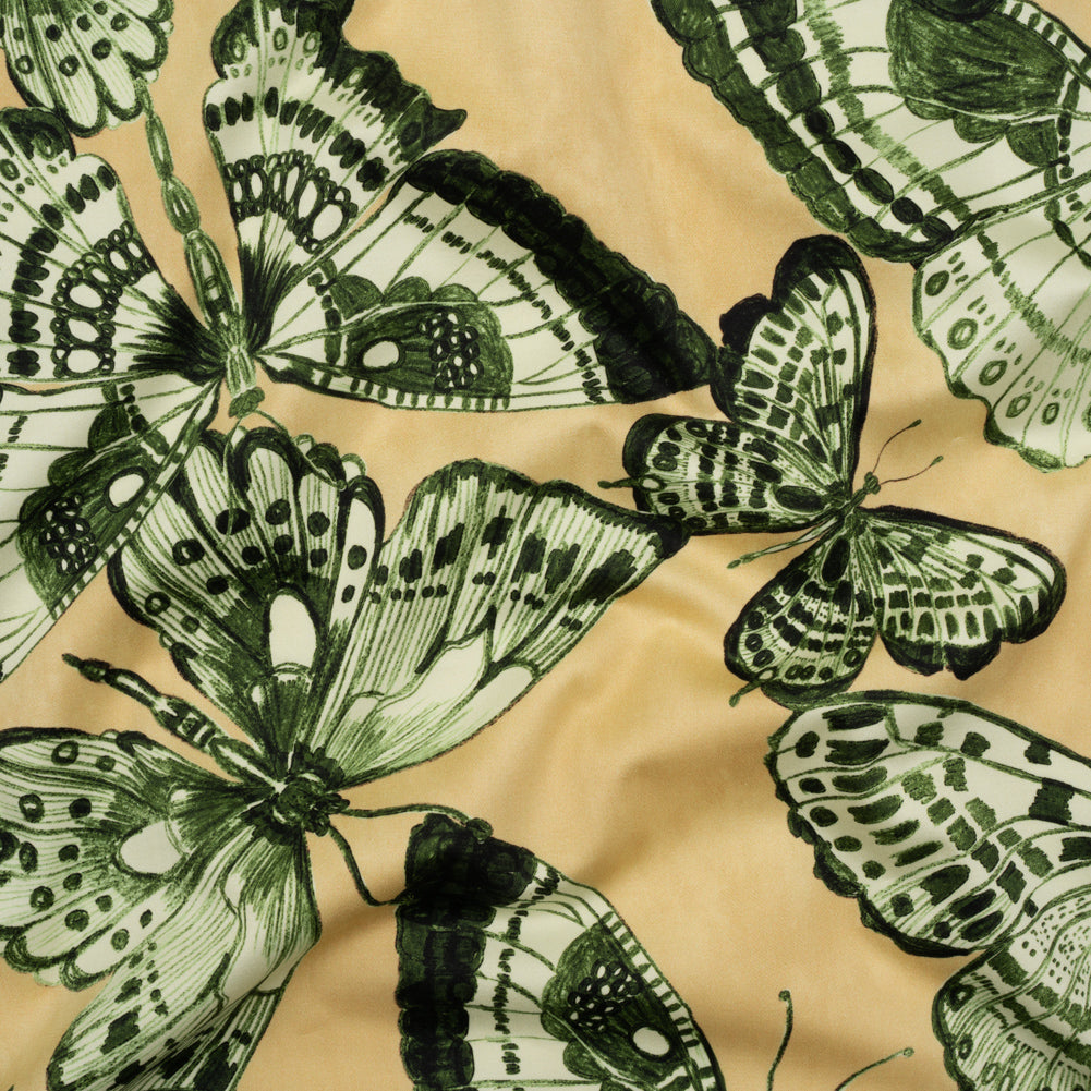 Stretch Cotton Sateen - Green and Cream Butterflies - Monarch Mountain Print - Mood Exclusive Acadia Collection
