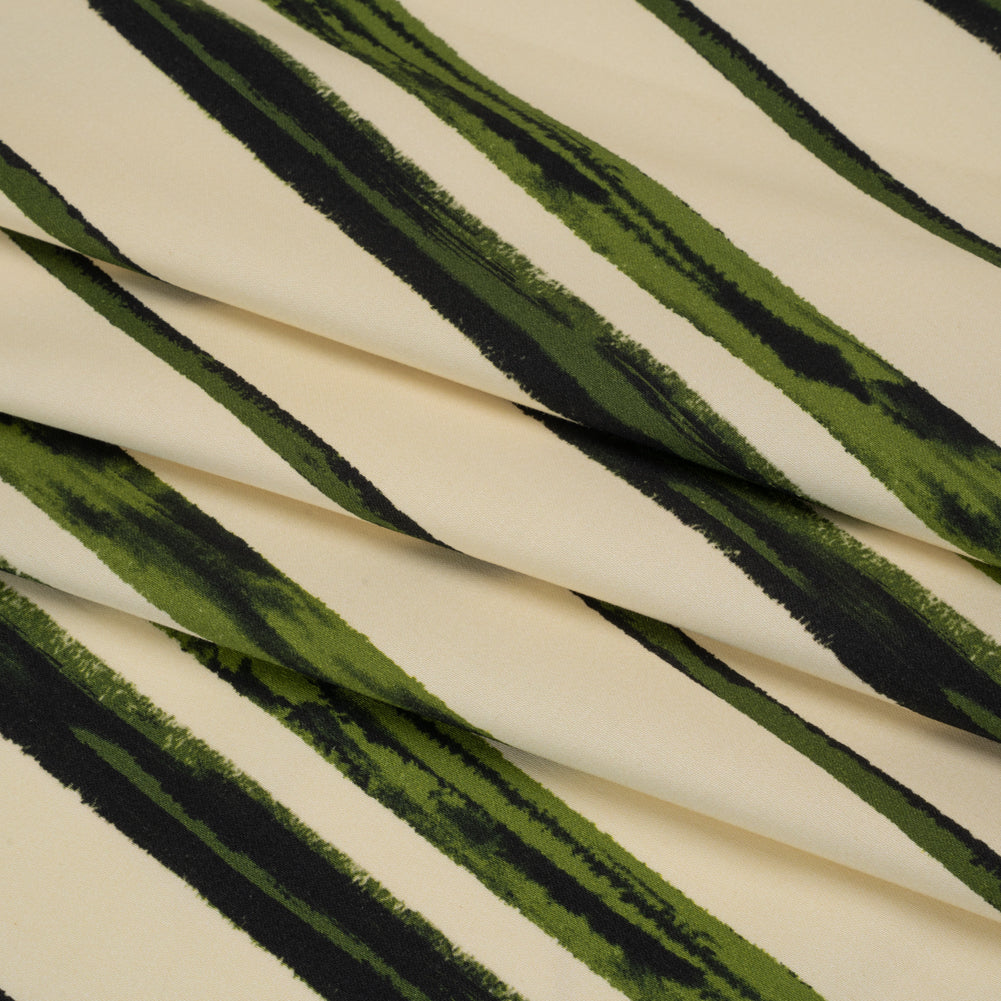 Stretch Cotton Sateen - Cream and Green Painted Stripes - Verdant Trail Print - Mood Exclusive Acadia Collection - Folded