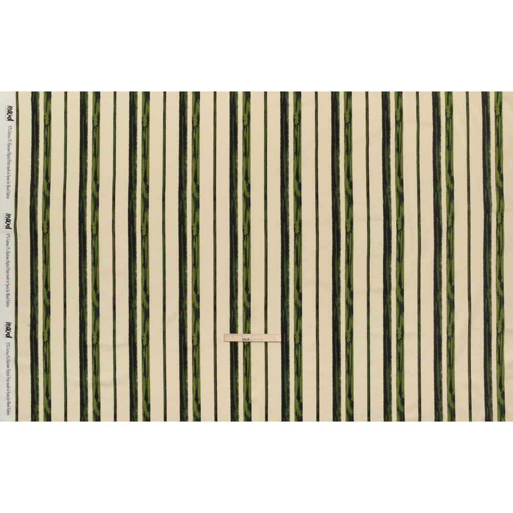 Stretch Cotton Sateen - Cream and Green Painted Stripes - Verdant Trail Print - Mood Exclusive Acadia Collection - Full