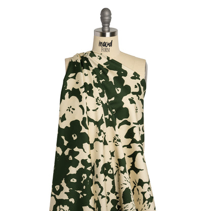 Stretch Cotton Sateen - Hunter Green and Cream Big Floral - Rorschach Rosettes Print - Mood Exclusive Acadia Collection