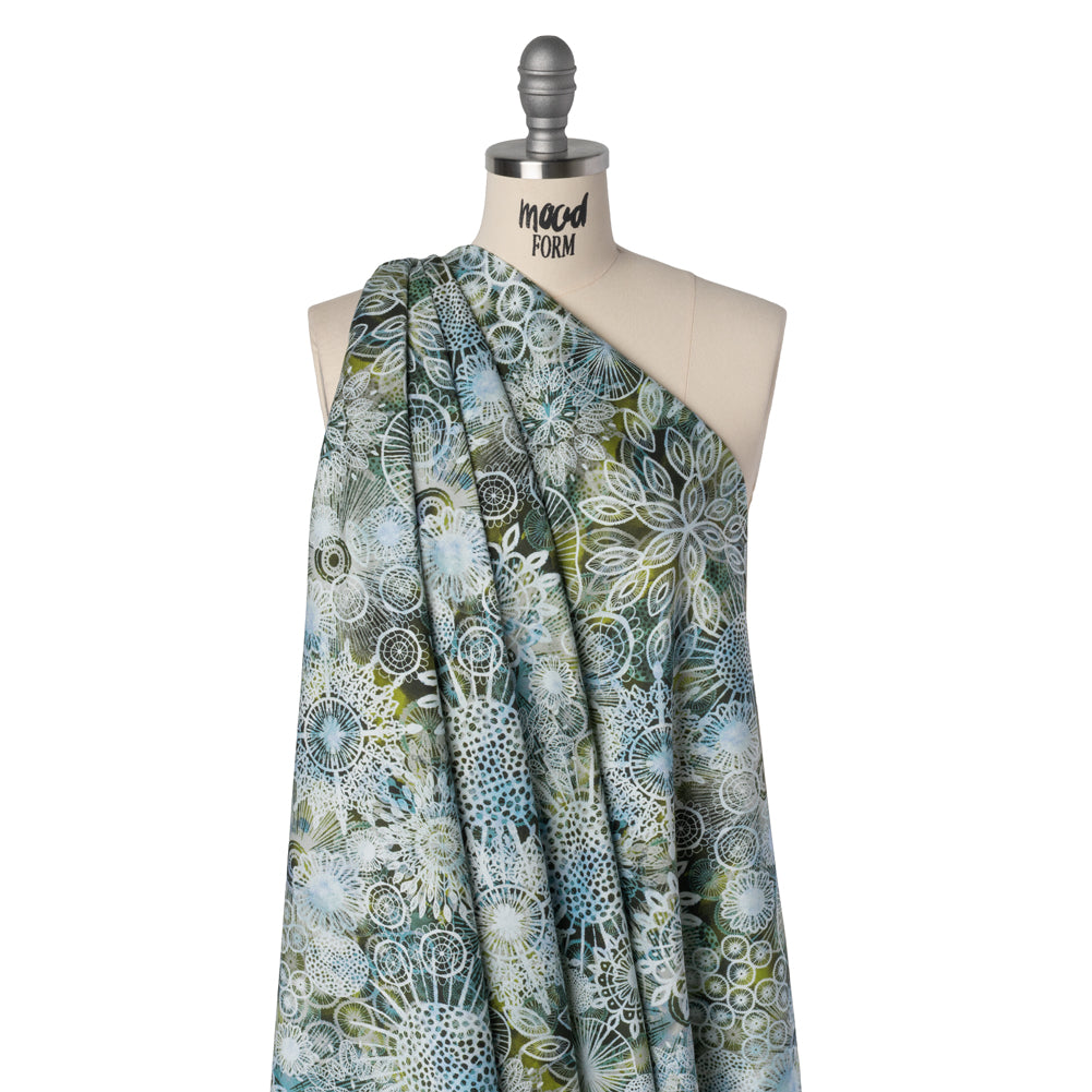 Stretch Cotton Sateen - Olive Green, Sky Blue and White Flowers and Circles - Kaleidoscope Sunbeam Print - Mood Exclusive Acadia Collection Drape