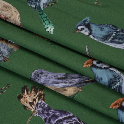 Stretch Cotton Sateen - Green, Blue and Beige Little Birds - Birdsong Saunter Print - Mood Exclusive Acadia Collection