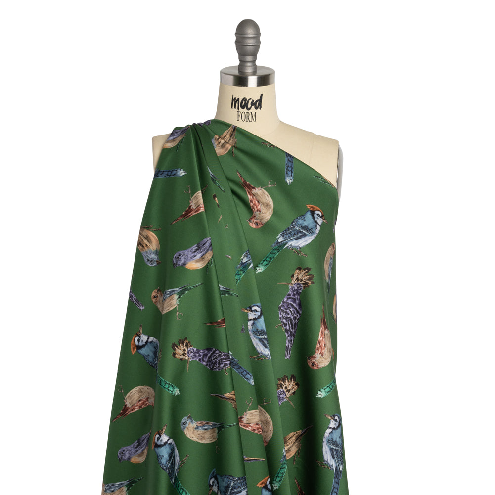 Stretch Cotton Sateen - Green, Blue and Beige Little Birds - Birdsong Saunter Print - Mood Exclusive Acadia Collection - Drape