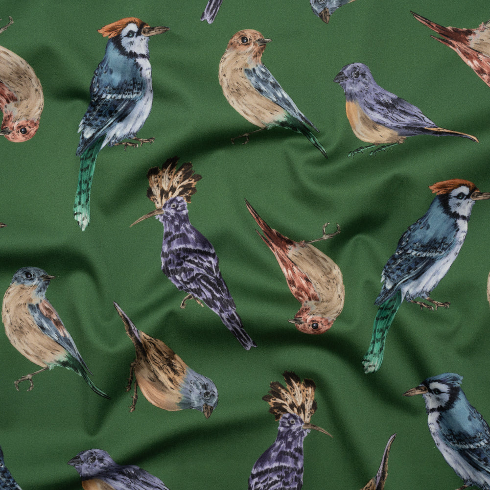 Stretch Cotton Sateen - Green, Blue and Beige Little Birds - Birdsong Saunter Print - Mood Exclusive Acadia Collection