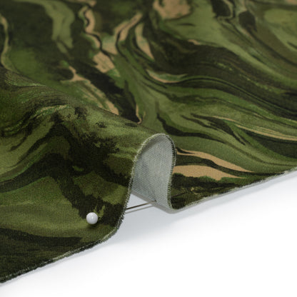 Stretch Cotton Sateen - Green and Beige Abstract Swirls - Painter’s Pond Print - Mood Exclusive Acadia Collection