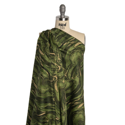 Stretch Cotton Sateen - Green and Beige Abstract Swirls - Painter’s Pond Print - Mood Exclusive Acadia Collection