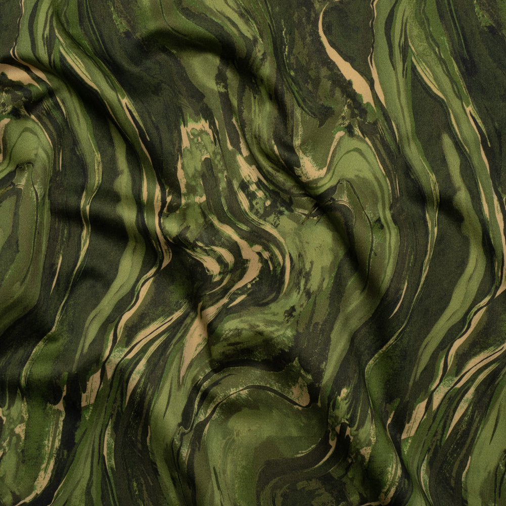 Stretch Cotton Sateen - Green and Beige Abstract Swirls - Painter’s Pond Print - Mood Exclusive Acadia Collection