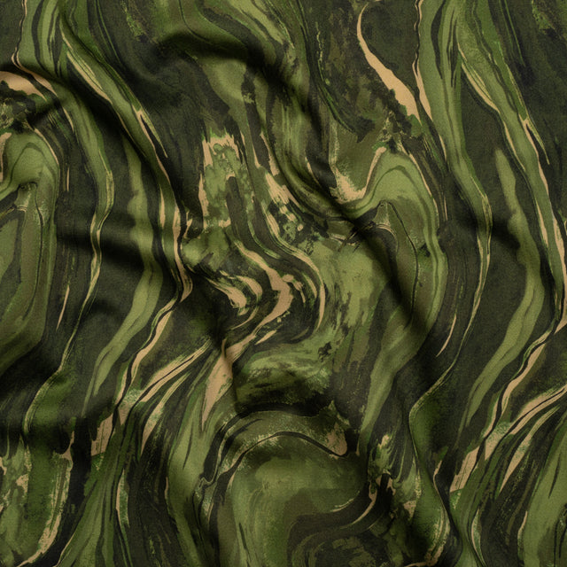 Stretch Cotton Sateen - Green and Beige Abstract Swirls - Painter’s Pond Print - Mood Exclusive Acadia Collection