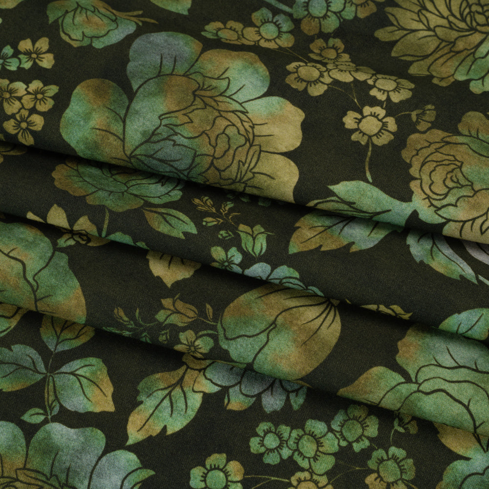 Stretch Cotton Sateen - Green, Olive and Navy Floral - Secret Garden Print - Mood Exclusive Acadia Collection - Folded