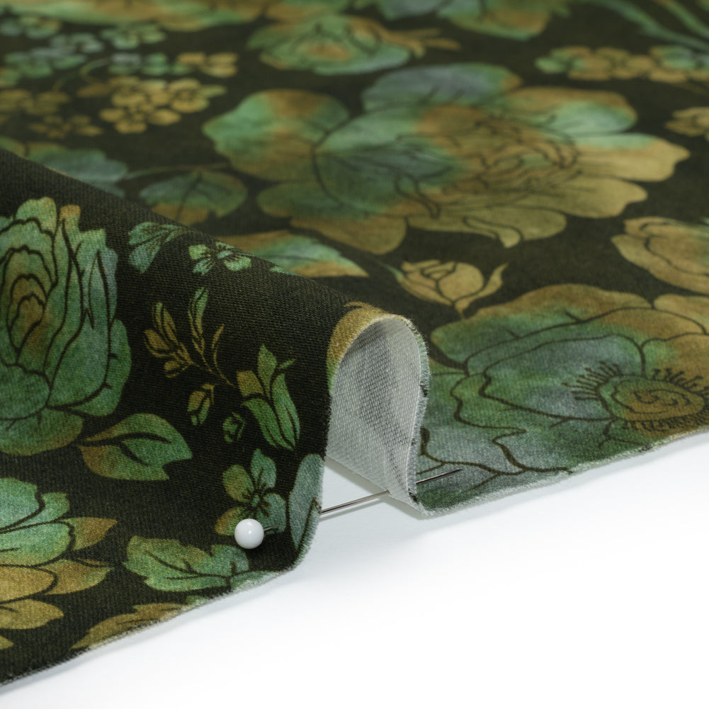 Stretch Cotton Sateen - Green, Olive and Navy Floral - Secret Garden Print - Mood Exclusive Acadia Collection - Detail