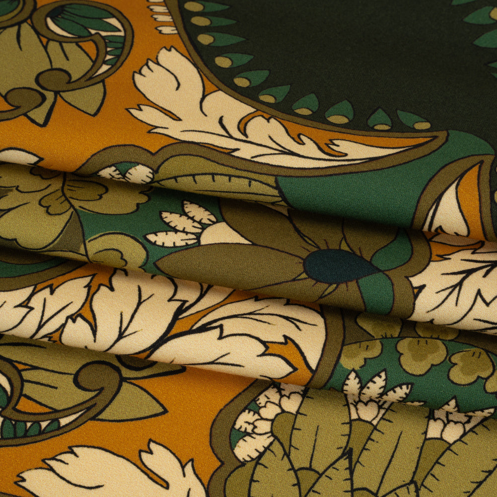 Stretch Cotton Sateen - Olive Green, Teal and Mango Orange Wavy Floral Stripes - Nymph’s Harvest Print - Mood Exclusive Acadia Collection - Folded