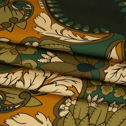 Stretch Cotton Sateen - Olive Green, Teal and Mango Orange Wavy Floral Stripes - Nymph’s Harvest Print - Mood Exclusive Acadia Collection