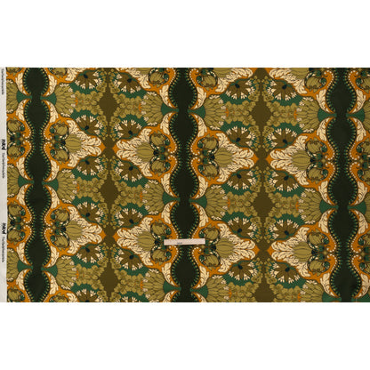 Stretch Cotton Sateen - Olive Green, Teal and Mango Orange Wavy Floral Stripes - Nymph’s Harvest Print - Mood Exclusive Acadia Collection