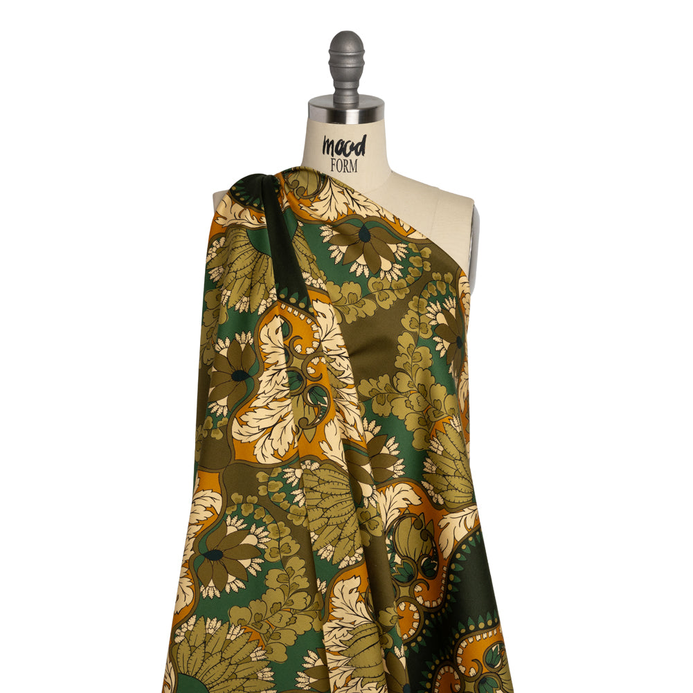 Stretch Cotton Sateen - Olive Green, Teal and Mango Orange Wavy Floral Stripes - Nymph’s Harvest Print - Mood Exclusive Acadia Collection - Drape