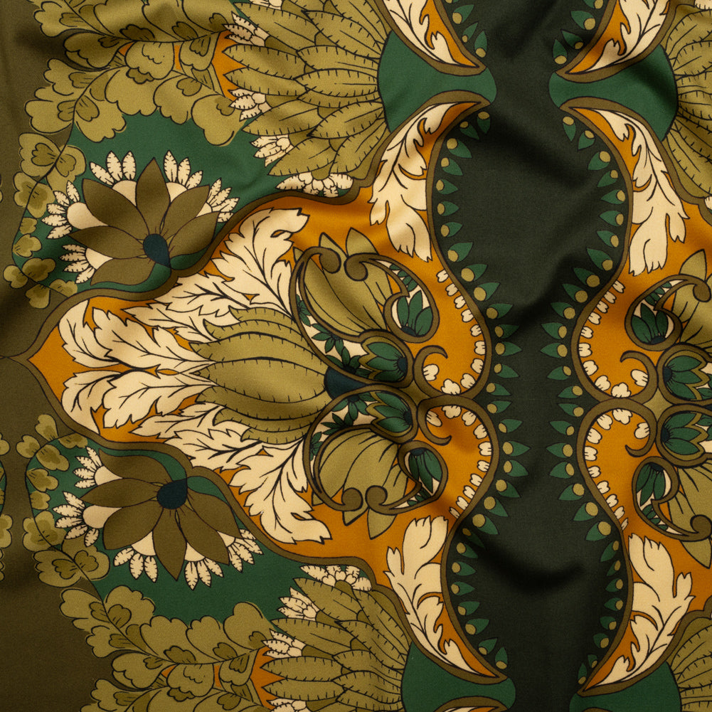 Stretch Cotton Sateen - Olive Green, Teal and Mango Orange Wavy Floral Stripes - Nymph’s Harvest Print - Mood Exclusive Acadia Collection