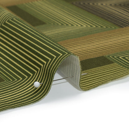 Stretch Cotton Sateen - Olive and Hunter Green Geometric Lines - Hedge Maze Print - Mood Exclusive Acadia Collection