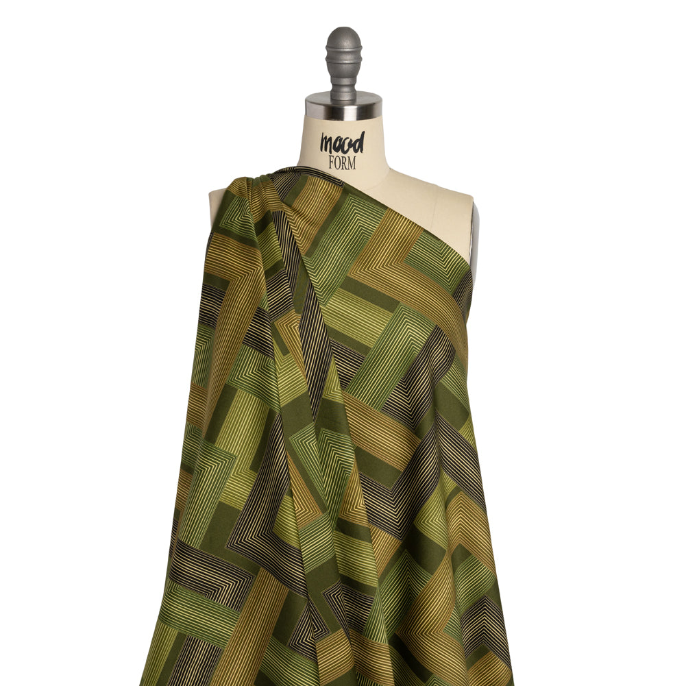 Stretch Cotton Sateen - Olive and Hunter Green Geometric Lines - Hedge Maze Print - Mood Exclusive Acadia Collection