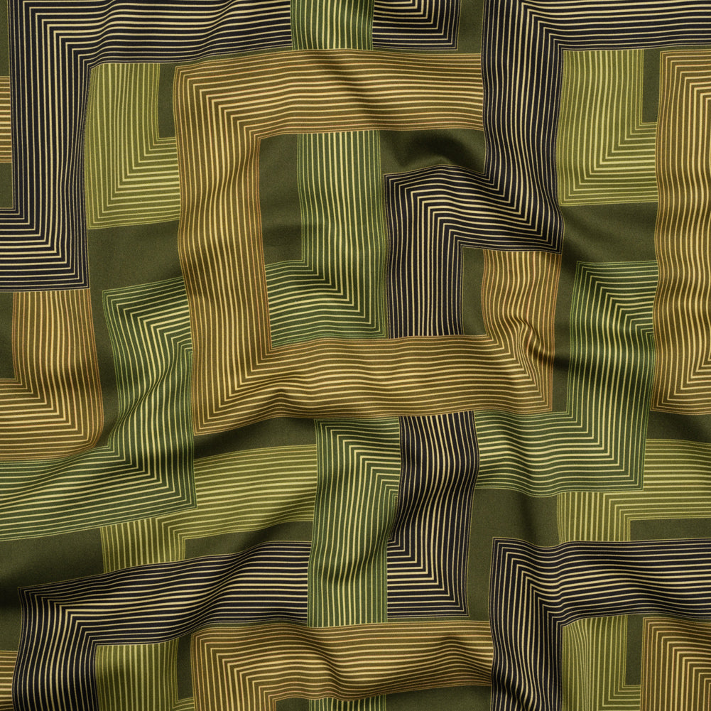 Stretch Cotton Sateen - Olive and Hunter Green Geometric Lines - Hedge Maze Print - Mood Exclusive Acadia Collection